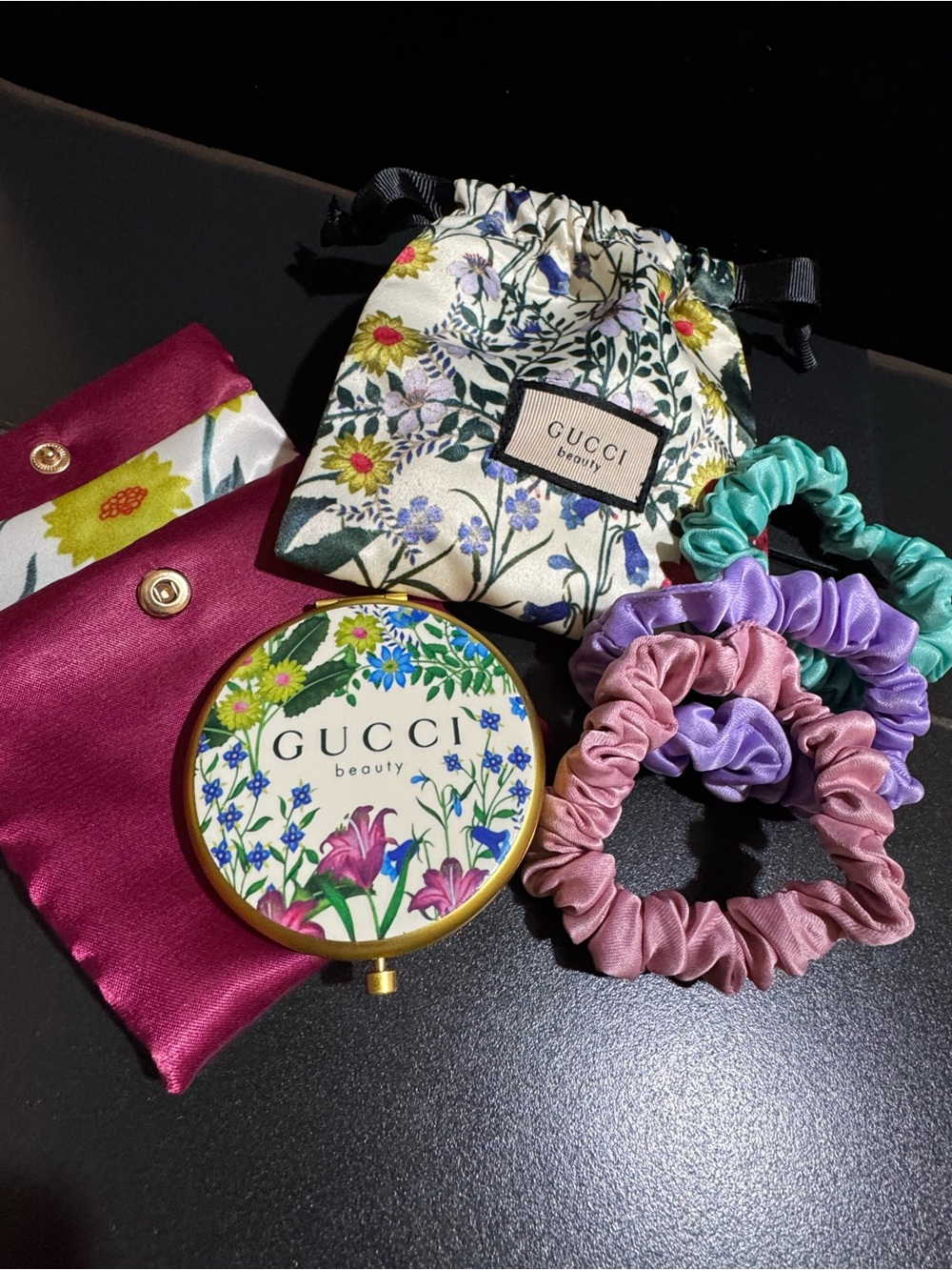GUCCI Floral Compact Mirror & Silk Scrunchie Set - Pink, Purple, Teal GWP